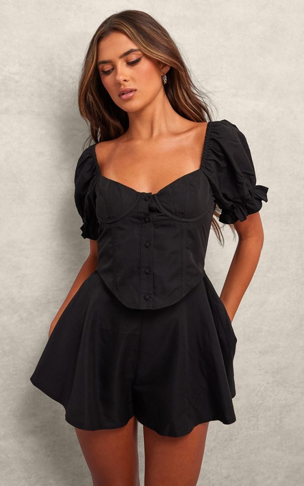 Black Tailored Woven Puff Sleeve Corset Romper