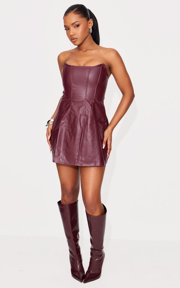 Red Faux Leather Bandeau Corset Shift Dress