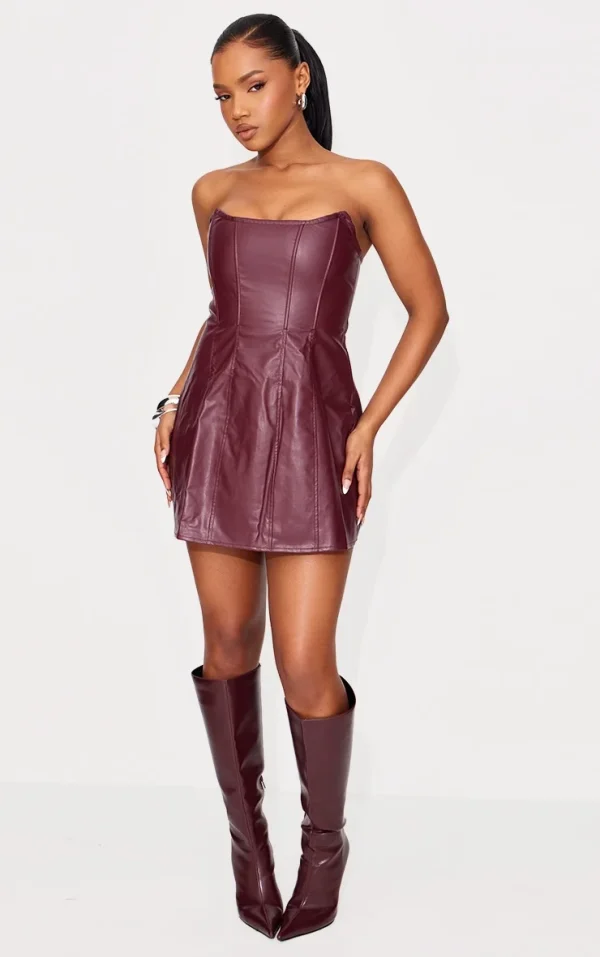 Red Faux Leather Bandeau Corset Shift Dress