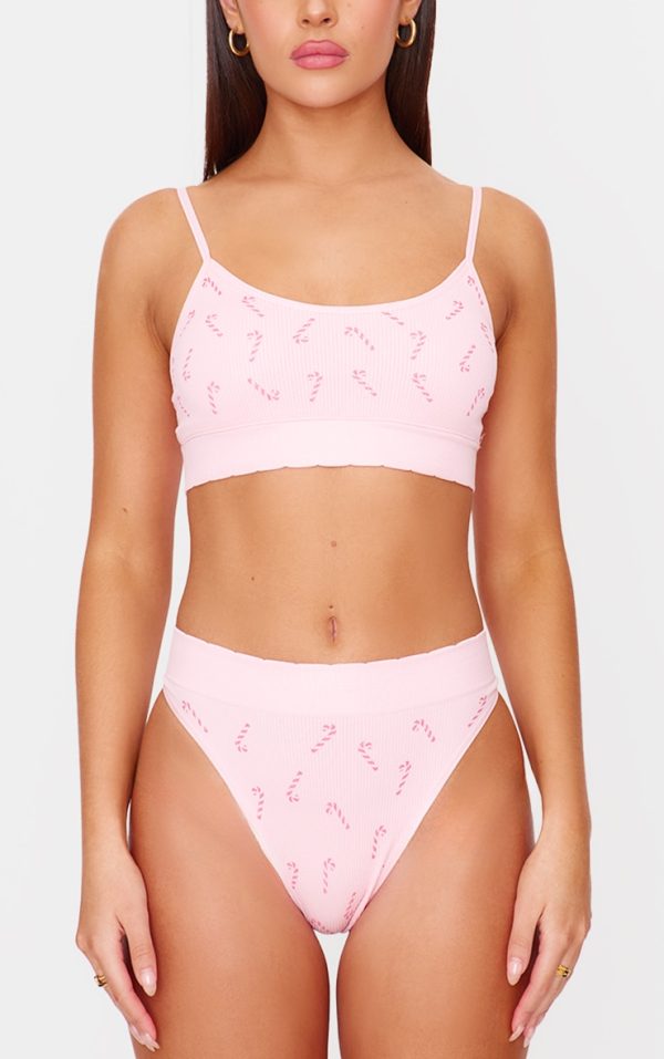 Pink Candy Cane Print Ribbed Thong