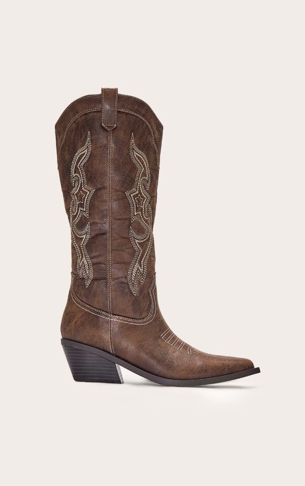 Brown Pu Point Toe Western Calf High Boots