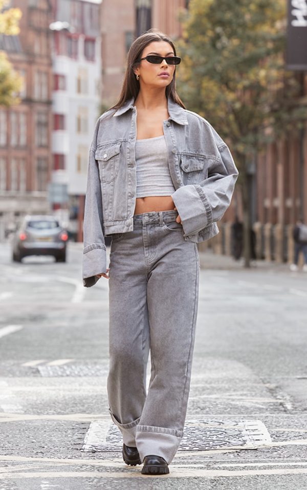 Light Grey Wash Turn Up Hem Wide Leg Jeans