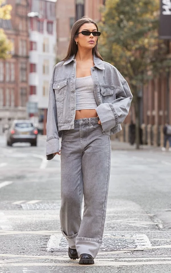 Light Grey Wash Turn Up Hem Wide Leg Jeans