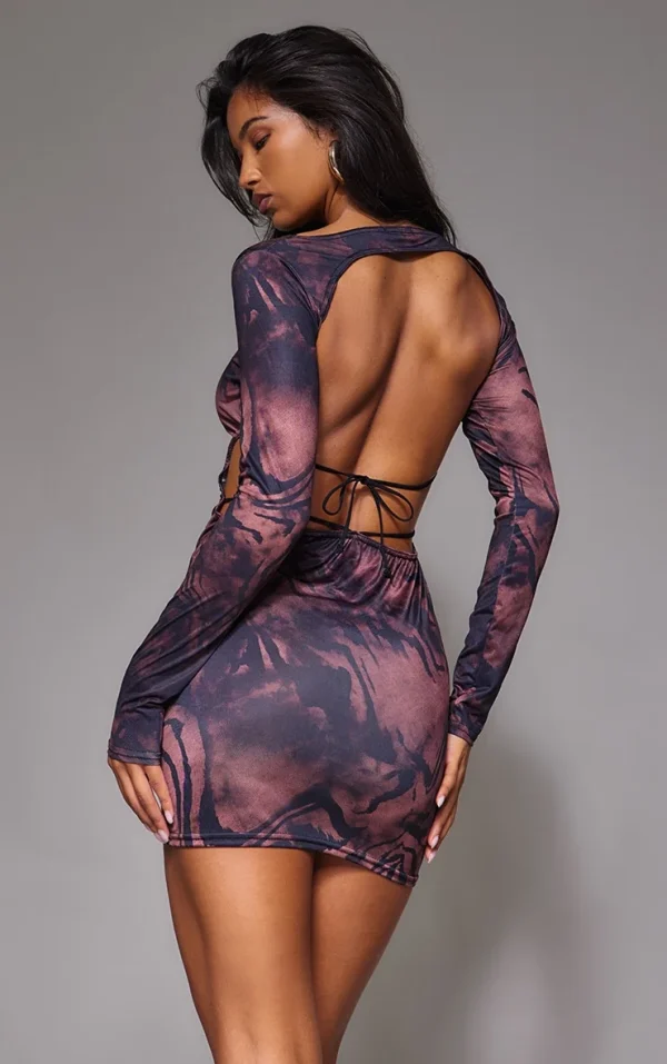 Purple Abstract Print Long Sleeve Open Tie Back Mini Dress