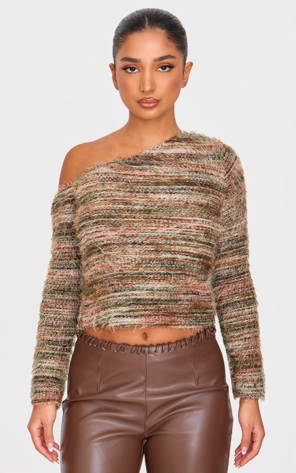 Petite Khaki Textured Stripe Asymmetric Top