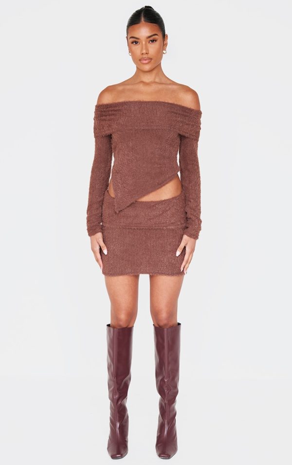Chocolate Fluffy Fold Over Mini Skirt