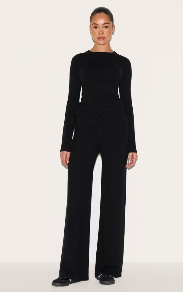 Black Soft Knit Drawstring Waist Wide Leg Pants