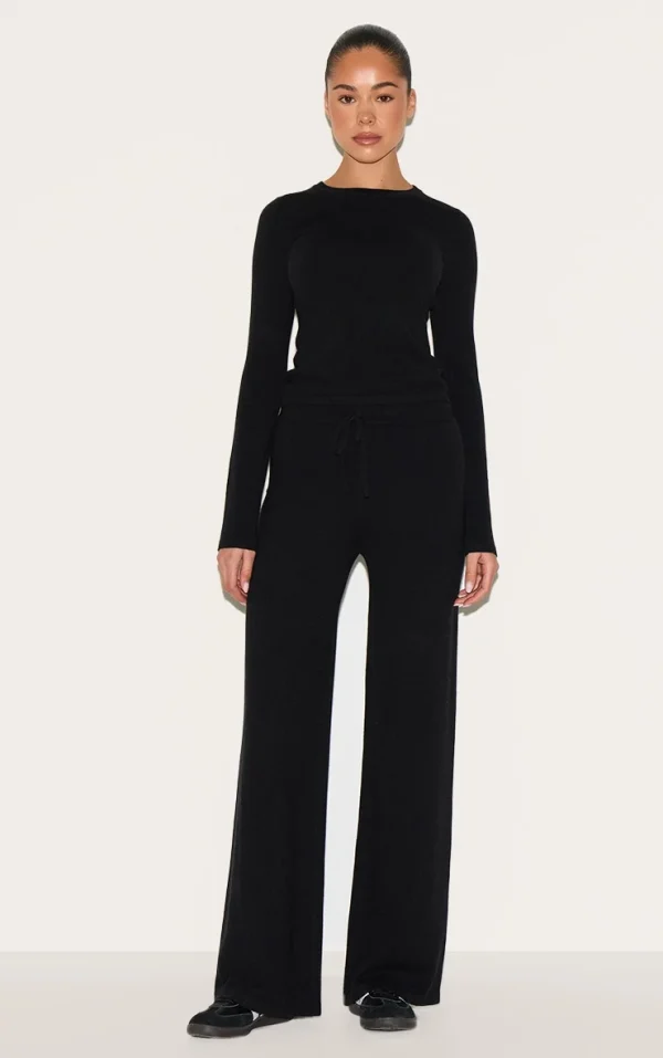 Black Soft Knit Drawstring Waist Wide Leg Pants