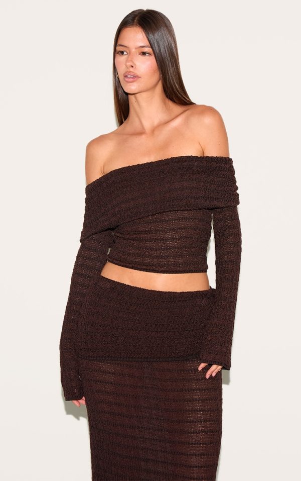 Chocolate Bardot Textured Knit Top