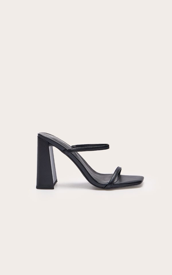 Black Pu Square Toe Double Strap High Block Heel Mules