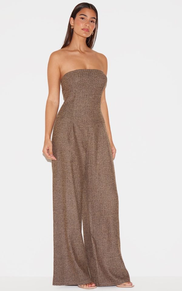 Taupe Tailored Herringbone Bandeau Wide Leg Jumpsuit