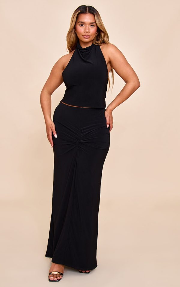Shape Black Mid Rise Ruched Side Maxi Skirt