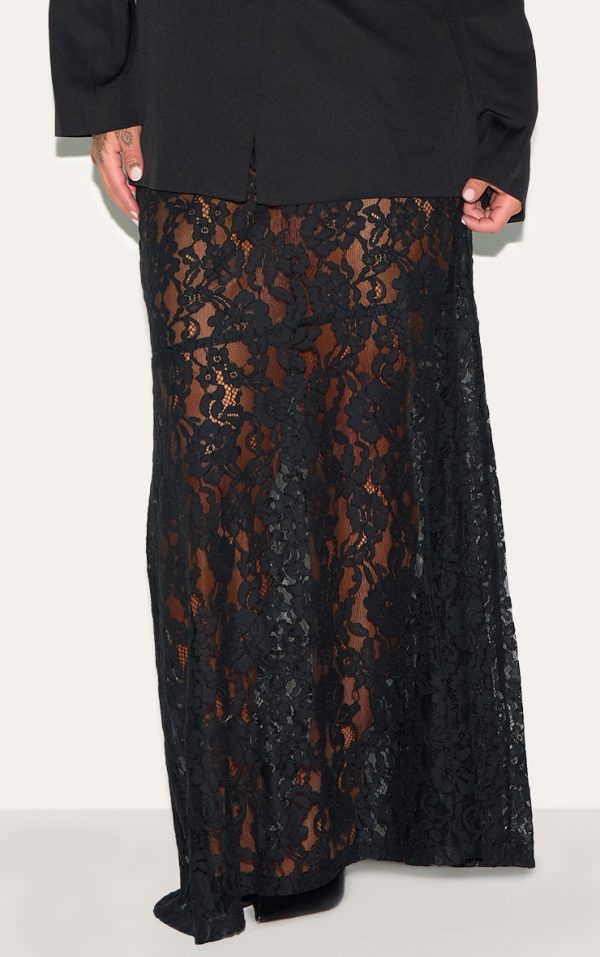 Plus Black Floral Lace Sheer Maxi Skirt