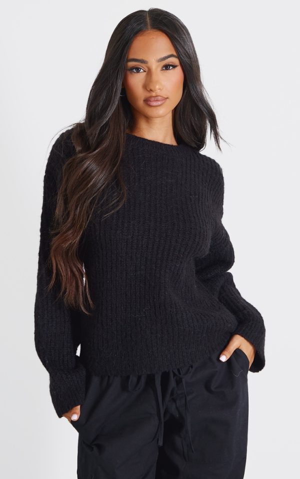 Petite Black Oversized Fluffy Knitted Sweater