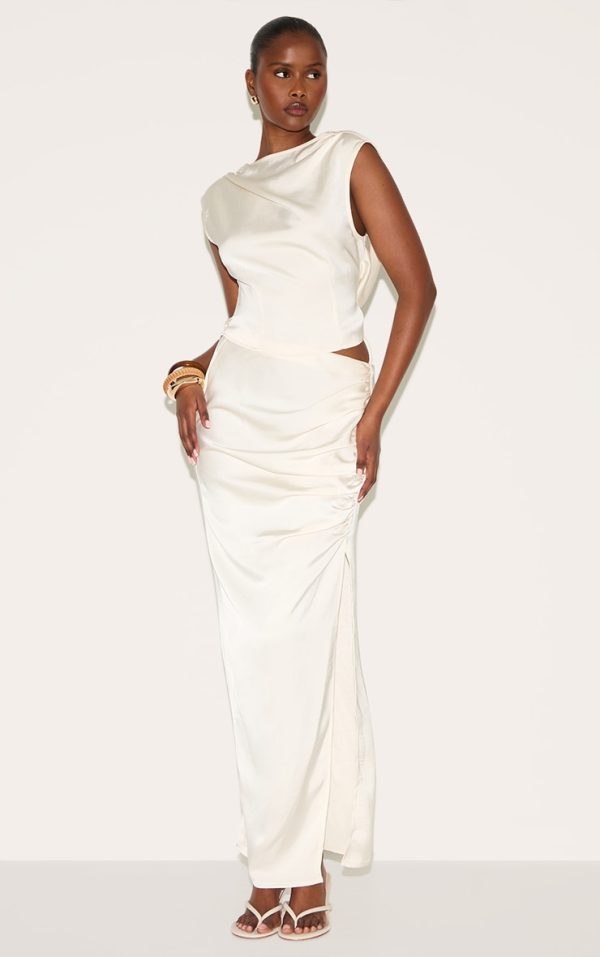 Cream Ruched Satin Split Detail Maxi Skirt