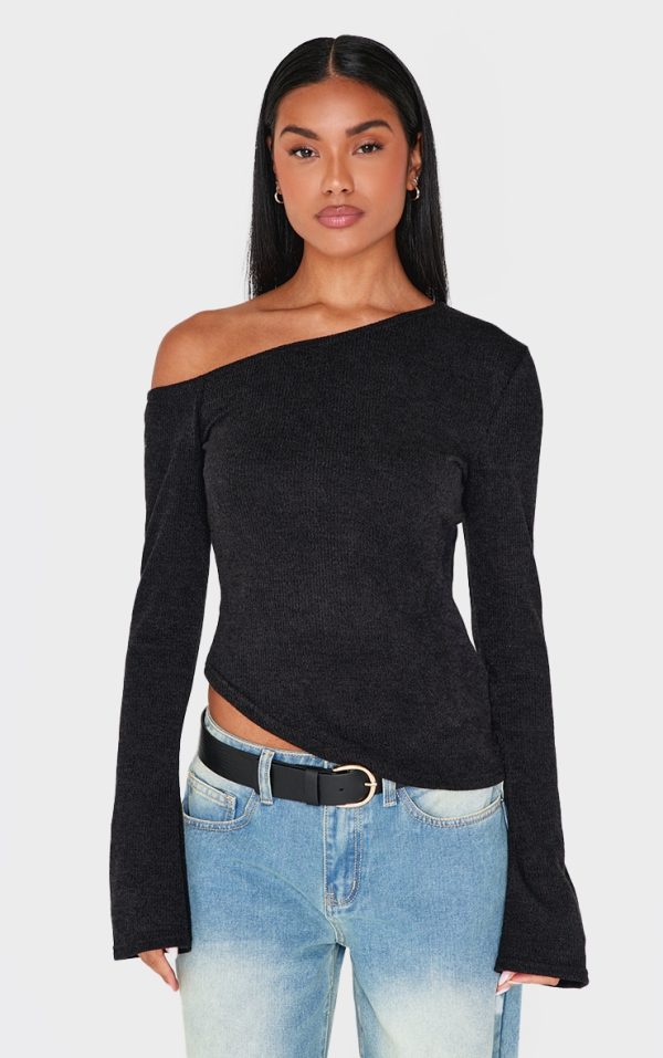 Black Textured Asymmetric Flared Sleeve Long Top