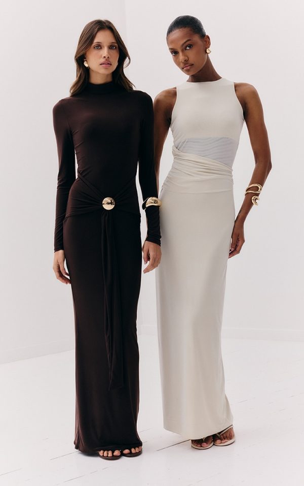Chocolate Slinky Belt Detail Maxi Dress