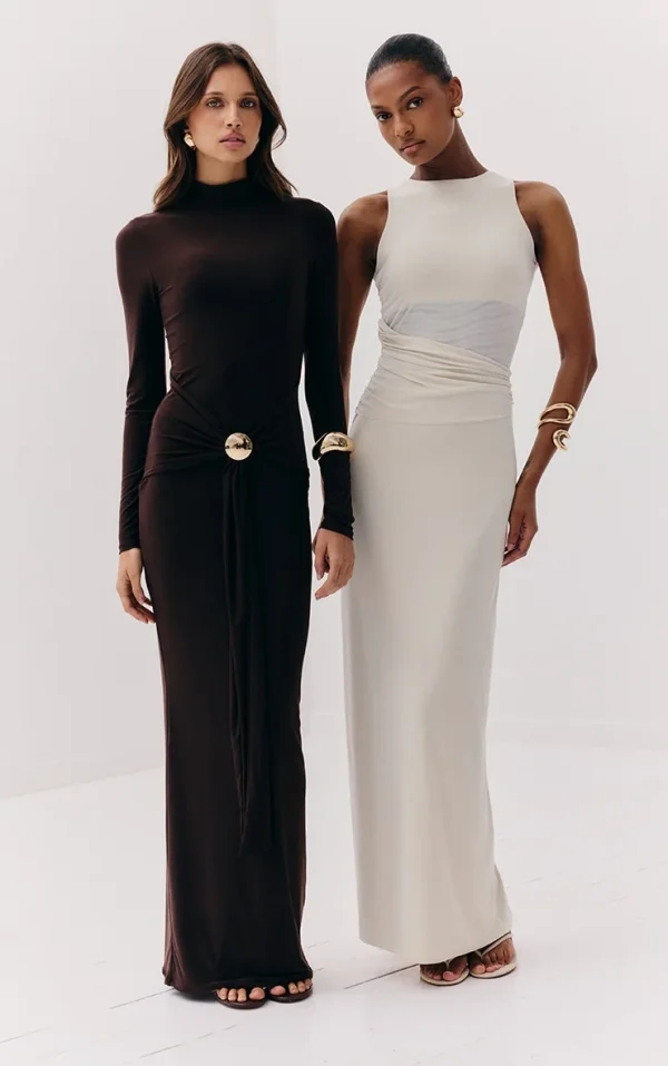 Chocolate Slinky Belt Detail Maxi Dress