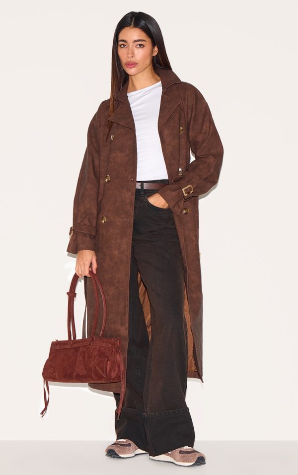 Chocolate Textured Faux Leather Trench Coat