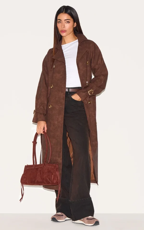 Chocolate Textured Faux Leather Trench Coat