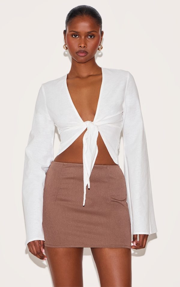 White Lightweight Woven Knot Front Drape Detail Blouse