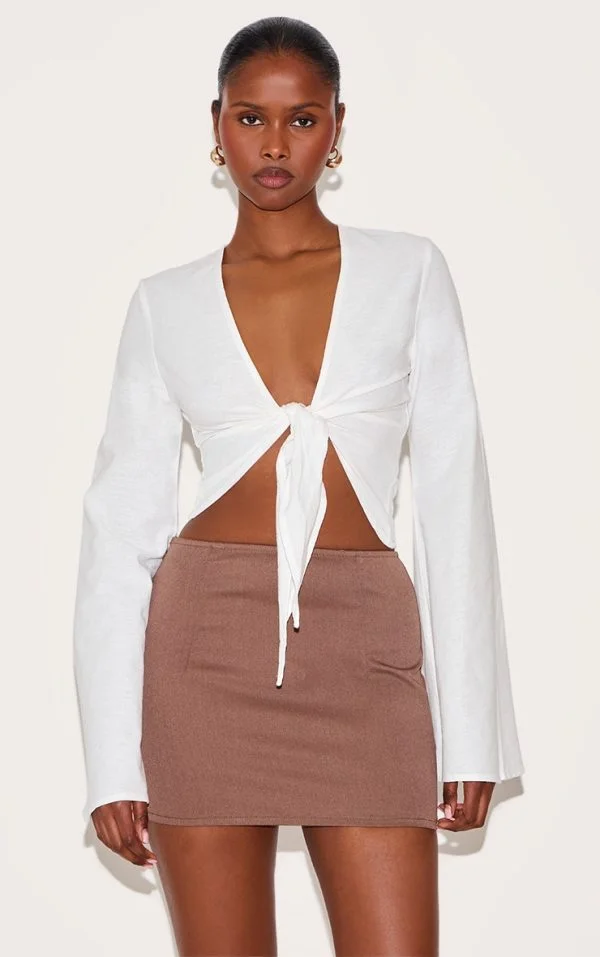 White Lightweight Woven Knot Front Drape Detail Blouse