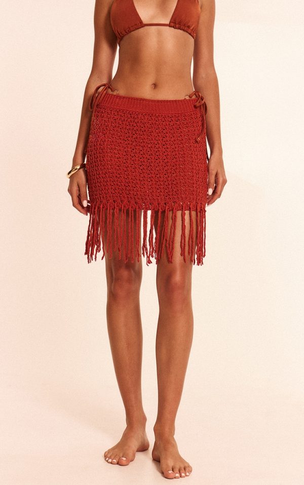 Rust Crochet Knit Tassel Mini Skirt