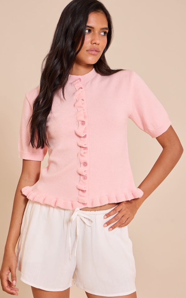 Pink Knit Ruffle Detail Short Sleeve Cardigan