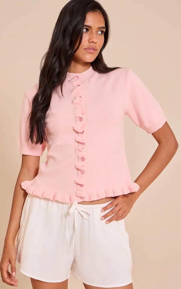 Pink Knit Ruffle Detail Short Sleeve Cardigan