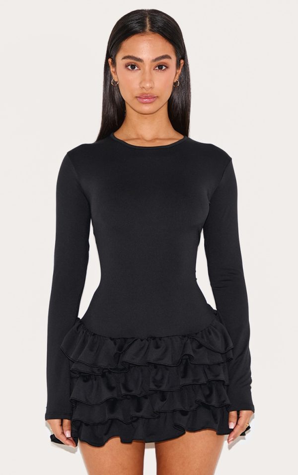 Petite Black Long Sleeve Frill Detail Shift Mini Dress