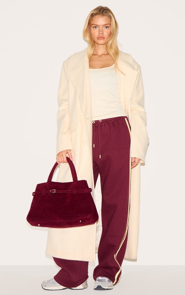 Burgundy Wide Leg Tape Detail Sweatpants
