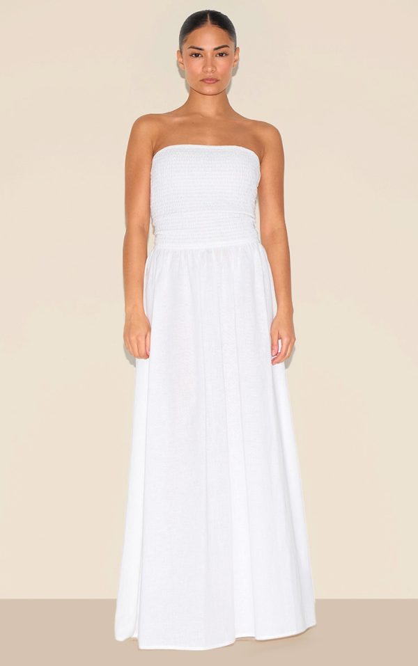 Petite White Bandeau Shirred Detail Maxi Dress