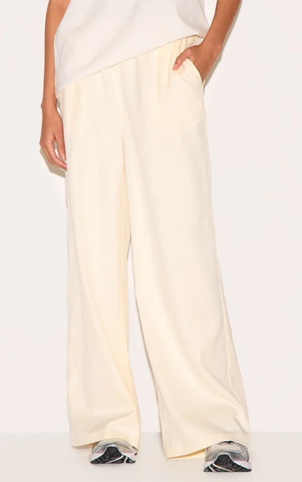 Cream Woven Elasticated Waist Wide Leg Pants
