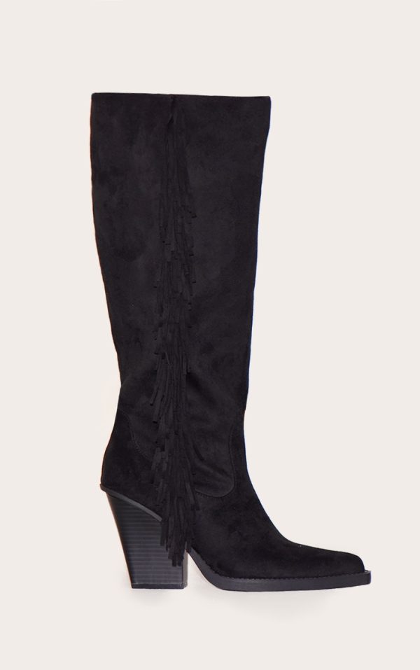 Black Faux Suede Point Toe Fringed High Block Heel Knee Boots