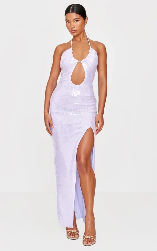 Purple Sequin Tie Neck Cut Out Maxi Dress