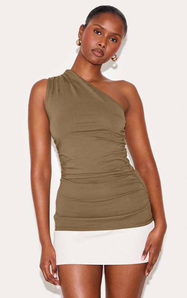 Olive Asymmetric Ruched Sleeveless Long Top