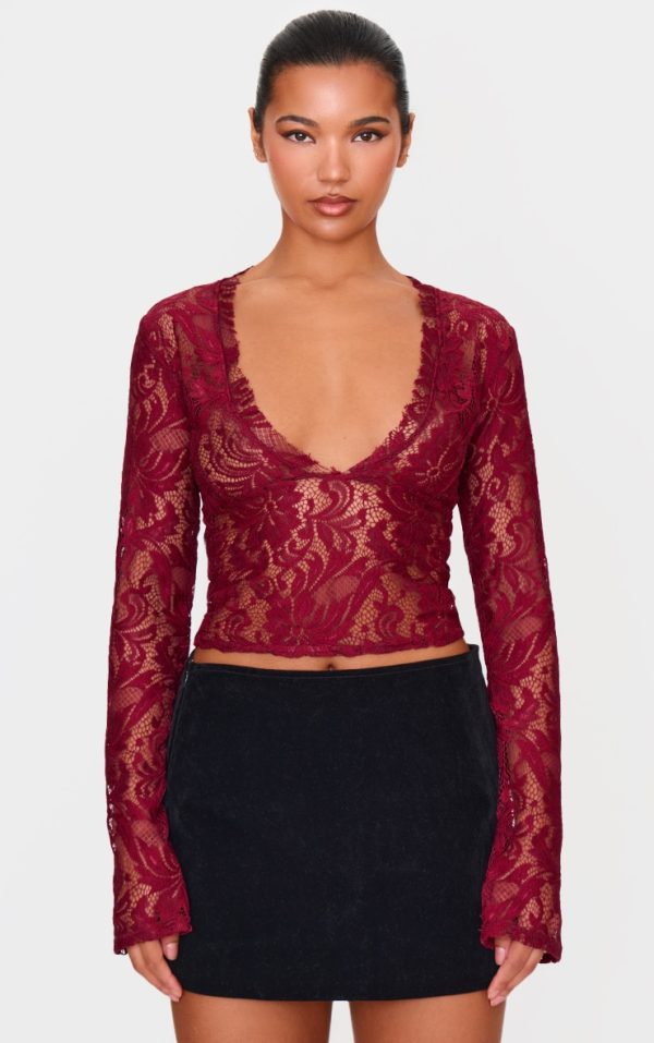 Burgundy Lace Plunge Flared Sleeve Long Top