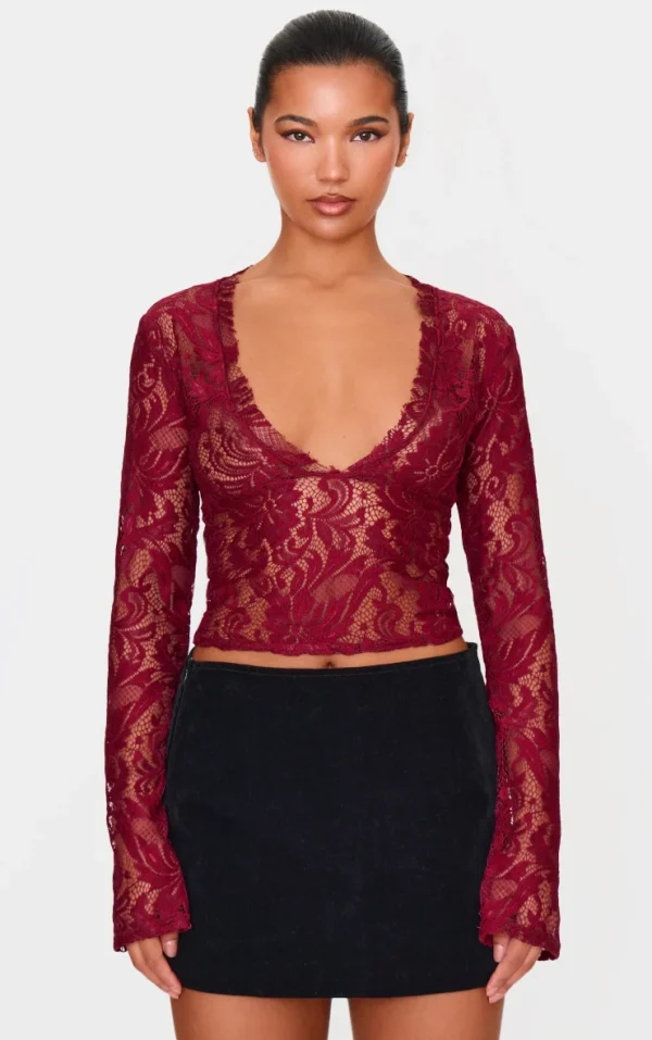 Burgundy Lace Plunge Flared Sleeve Long Top