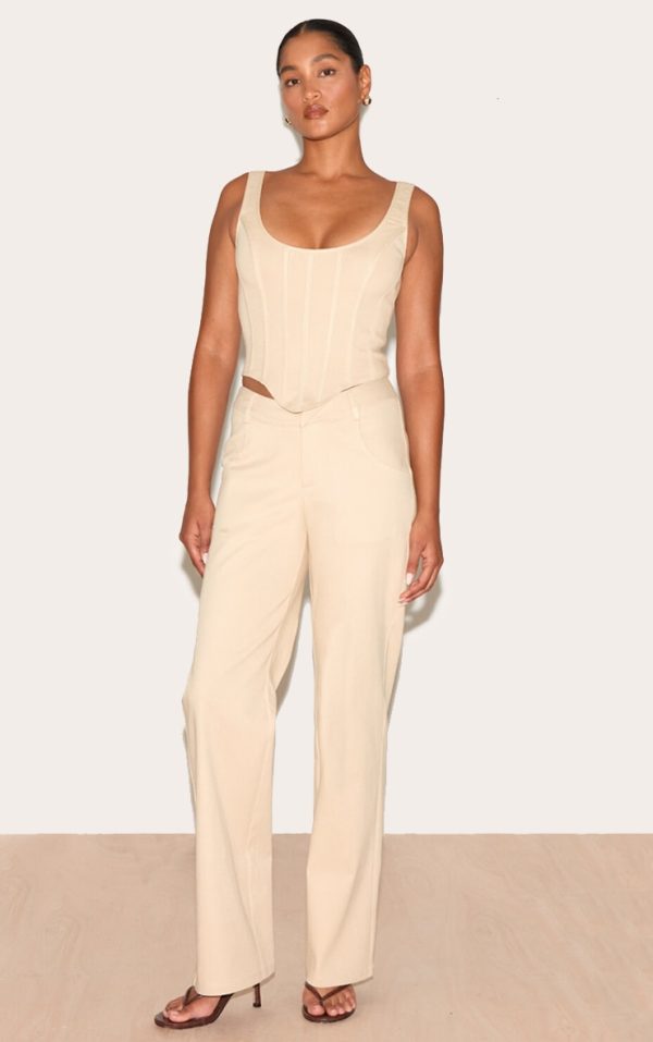 Cream Twill Dipped Waistband Straight Leg Pants