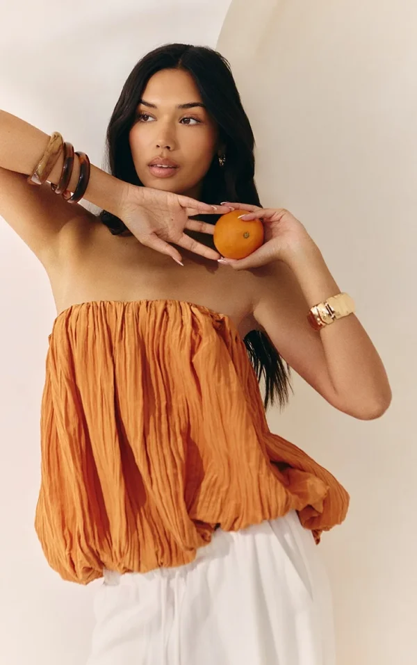 Apricot Matte Satin Plisse Puffball Bandeau