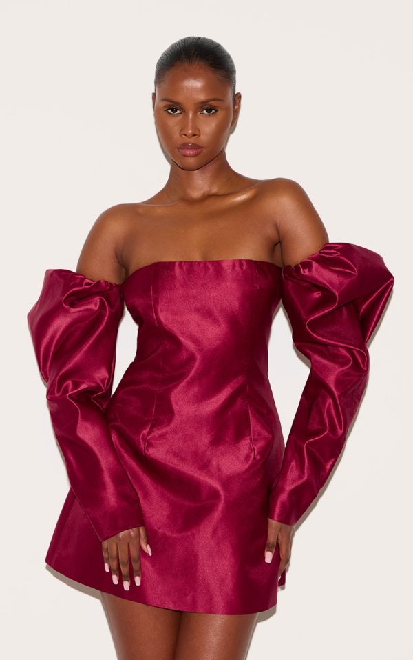 Wine Oversized Puff Sleeve A Line Shift Dress