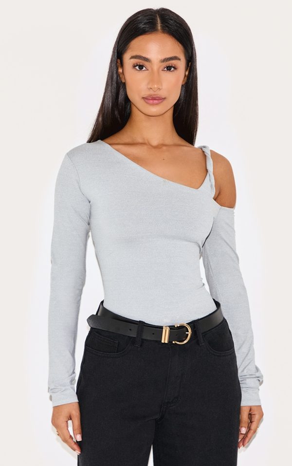 Petite Ash Grey Soft Touch Knot Detail Long Sleeve Top