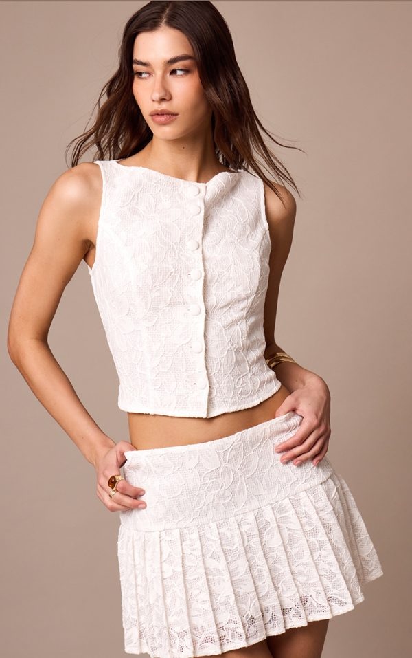 White Lace Button Up Boatneck Top