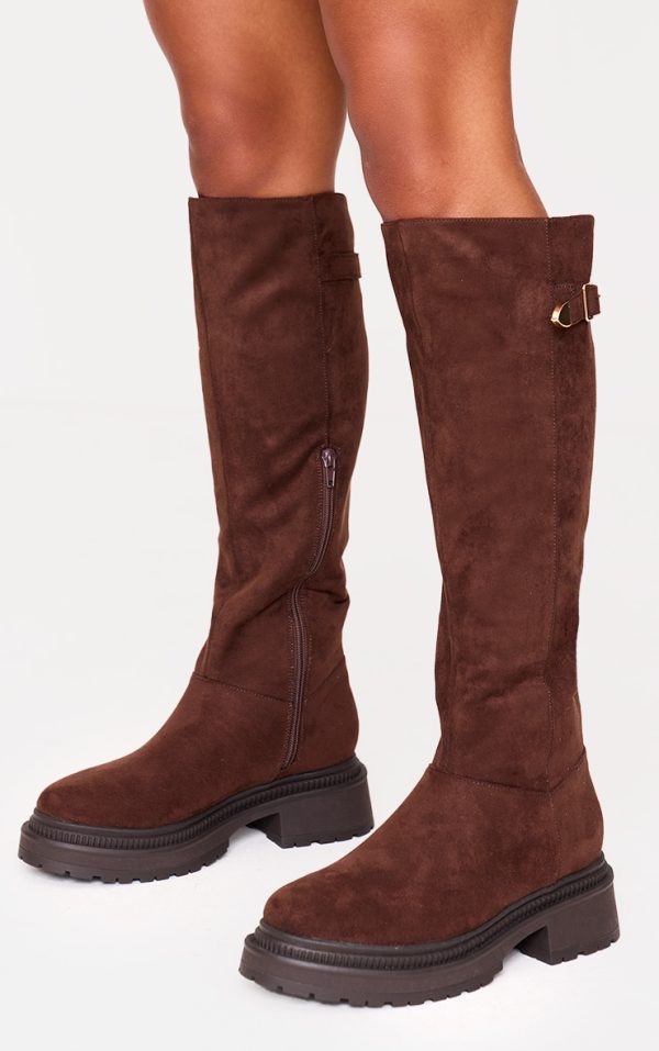 Chocolate Faux Suede Round Toe Chunky Sole Knee High Boots
