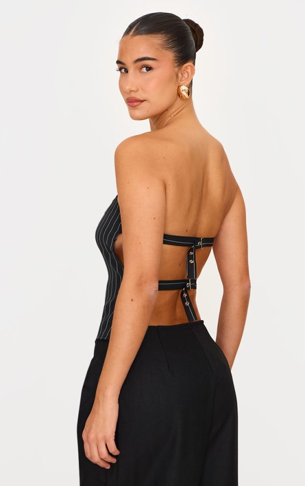 Black Pinstripe Backless Belt Long Top