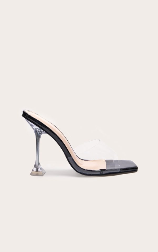 Black Pu Square Toe Clear Perspex Heeled Mules
