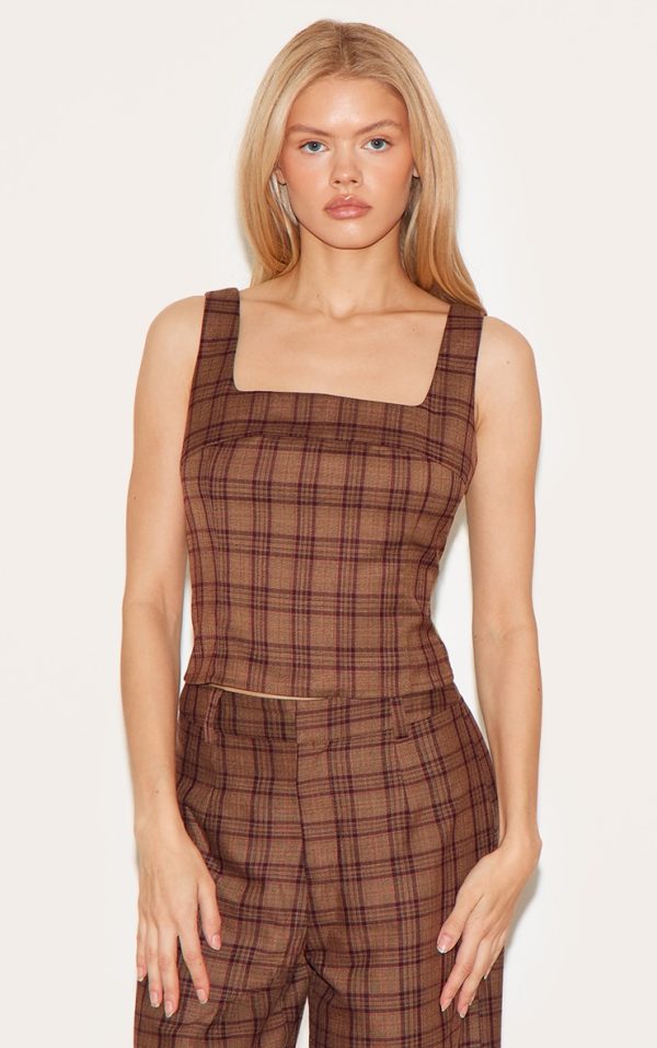 Brown Tailored Woven Check Square Neck Top