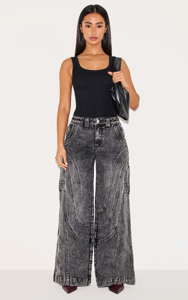 Petite Grey Panel Seam Detail Wide Leg Jeans