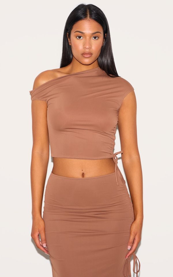 Tall Mocha Off Shoulder Ruched Crop Top