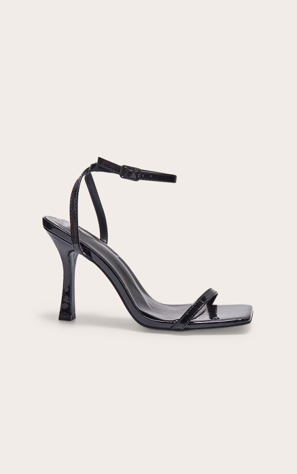 Black PU Square Toe Barely There Mid Heeled Sandals